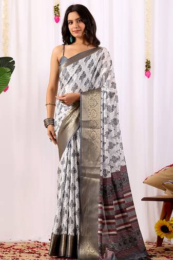 white soft lichi art silk saree with intricate ethnic motifs & rich zari woven border | designer contrast blouse