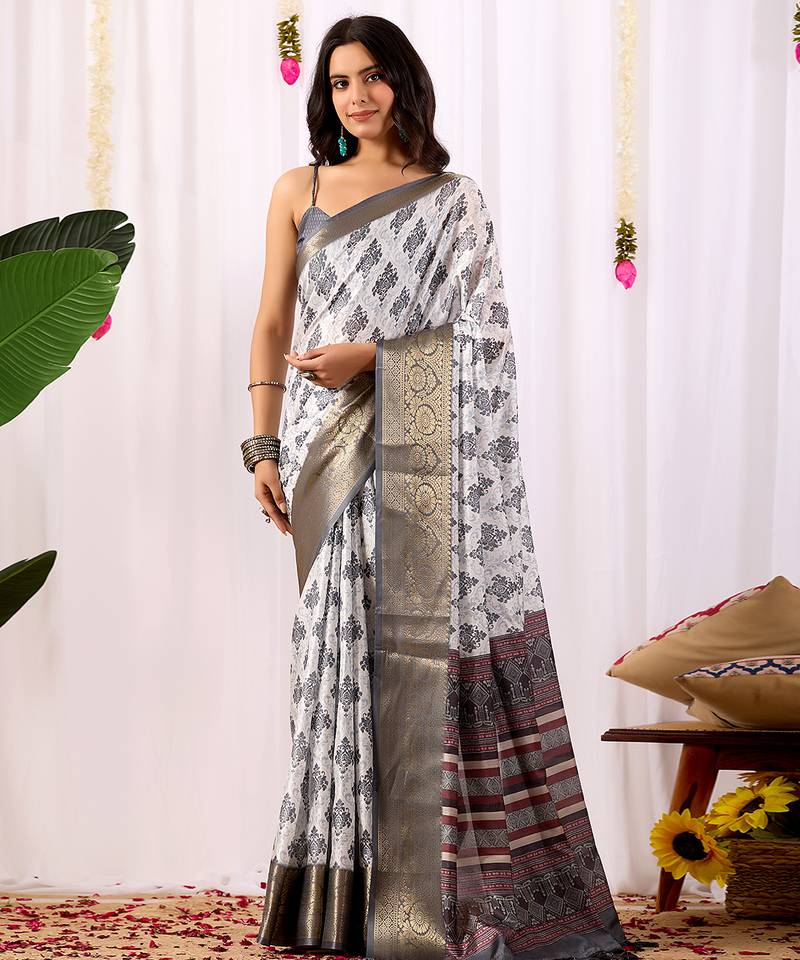 white soft lichi art silk saree with intricate ethnic motifs & rich zari woven border | designer contrast blouse