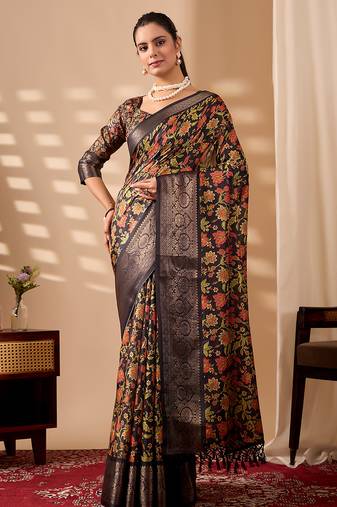 Black soft lichi silk digital floral saree with zari woven border | traditional banarasi silk saree with blouse piece