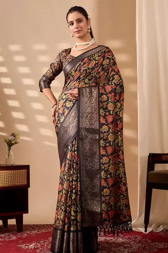Black soft lichi silk digital floral saree with zari woven border | traditional banarasi silk saree with blouse piece