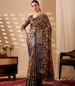 Black soft lichi silk digital floral saree with zari woven border | traditional banarasi silk saree with blouse piece