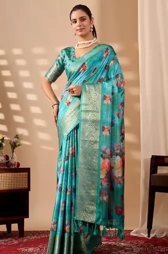 aqua lichi art silk digital floral printed saree with rich zari border – designer banarasi art silk saree with blouse