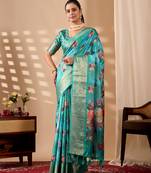aqua lichi art silk digital floral printed saree with rich zari border – designer banarasi art silk saree with blouse