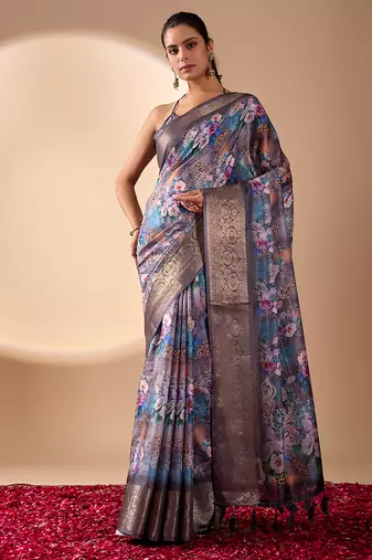 grey lichi art silk saree with digital floral print & zari woven border | designer fancy saree with contrast blouse