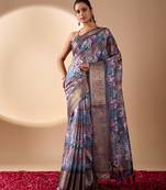 grey lichi art silk saree with digital floral print & zari woven border | designer fancy saree with contrast blouse
