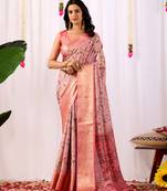 Light pink elegant printed soft silk saree with floral artistry & zari border – banarasi silk style saree with blouse