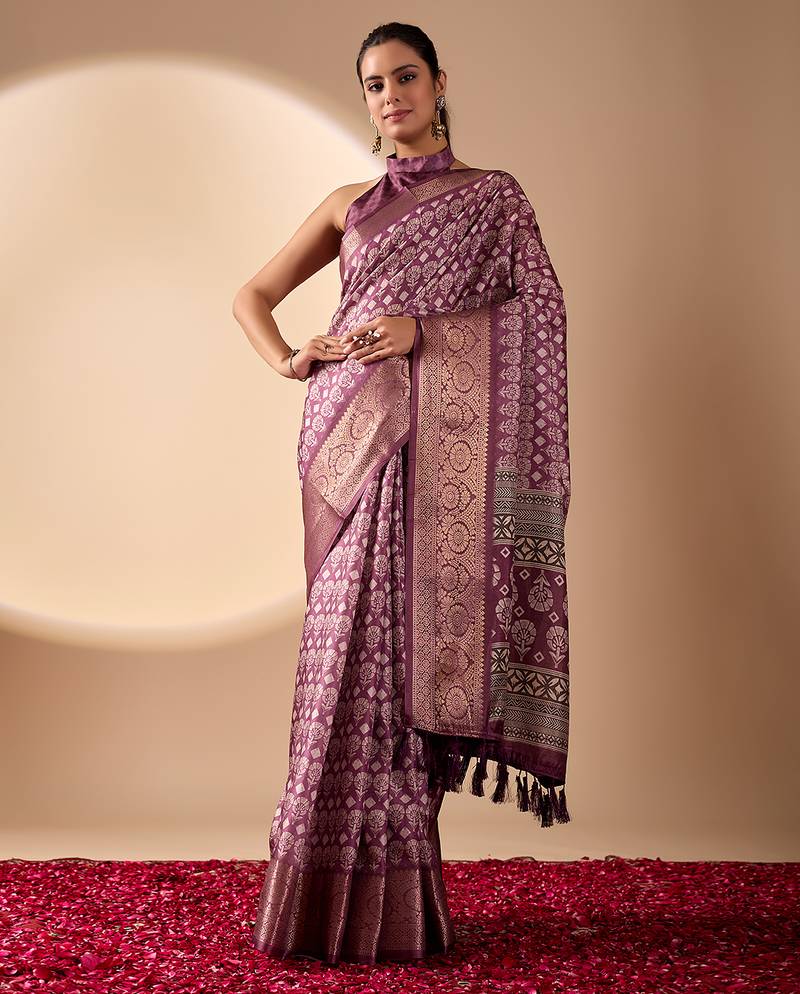 purple lichi art silk saree with rich weaving work & grand border | banarasi style festive saree