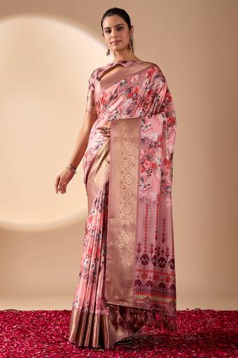 mauve pink designer printed soft lichi art silk saree with zari woven border party wear saree with blouse