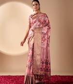 mauve pink designer printed soft lichi art silk saree with zari woven border party wear saree with blouse