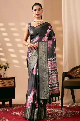 Charcoal black designer digital floral soft lichi silk saree with zari woven border | printed saree with matching blouse