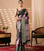 Charcoal black designer digital floral soft lichi silk saree with zari woven border | printed saree with matching blouse