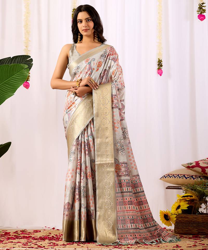 grey designer ethnic motifs soft lichi art silk saree with zari woven border – banarasi art silk style saree with blouse