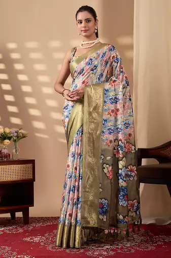 olive soft lichi art silk floral print designer printed‐sarees with contrast blouse