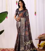 Navy blue soft lichi silk saree with digital ethnic print & rich zari border | traditional designer saree with blouse