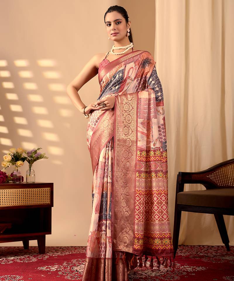 peach lichi art silk digital print saree with designer border & matching blouse – printed saree collection