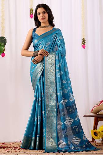 Turquoise lichi silk zari woven saree with rich traditional motifs & designer contrast blouse | festival & wedding wear