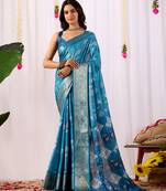 Turquoise lichi silk zari woven saree with rich traditional motifs & designer contrast blouse | festival & wedding wear