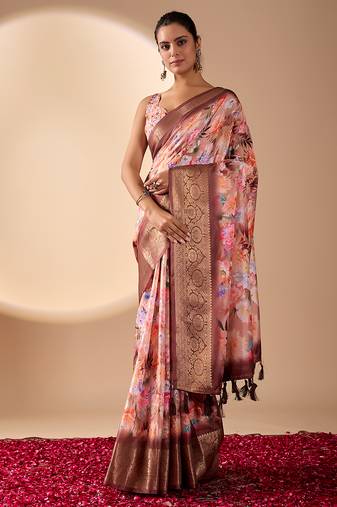 peach designer soft lichi art silk saree with floral digital print & rich zari border | party & festive wear with blouse