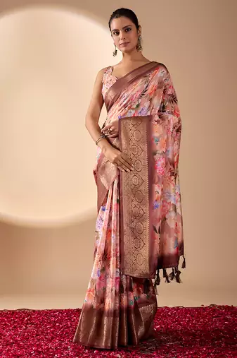 peach designer soft lichi art silk saree with floral digital print & rich zari border | party & festive wear with blouse