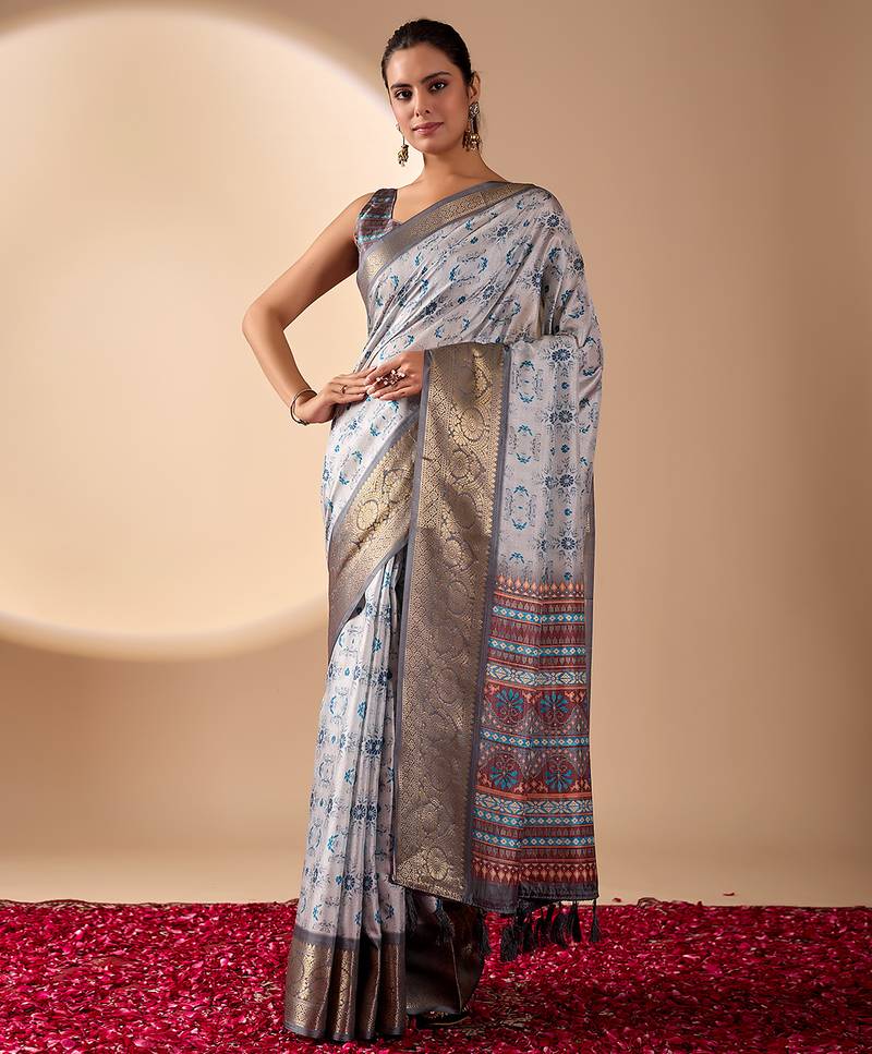 silver grey lichi art silk saree with abstract floral prints & zari woven border | designer festive & party wear
