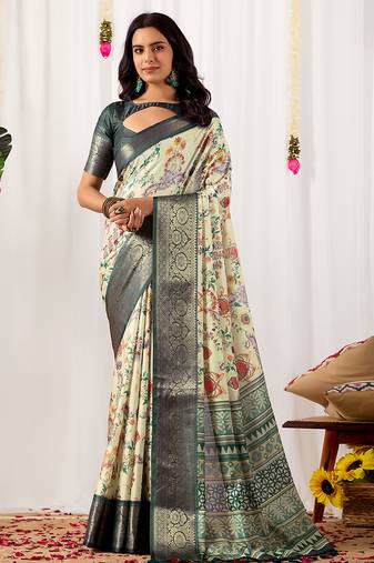 off-white soft lichi art silk saree with digital floral print & intricate zari woven border | designer contrast blouse