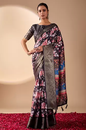 blue lichi art silk floral printed saree with zari woven border & designer blouse – printed sarees collection
