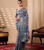 Teal blue lichi silk saree with rose floral print & zari border | designer contrast blouse