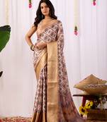 Beige soft lichi silk saree | geometric printed design | rich zari woven border | traditional festive wear | with blouse