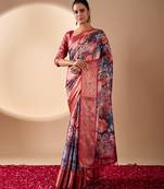maroon soft lichi art silk floral digital print saree with zari border & designer blouse