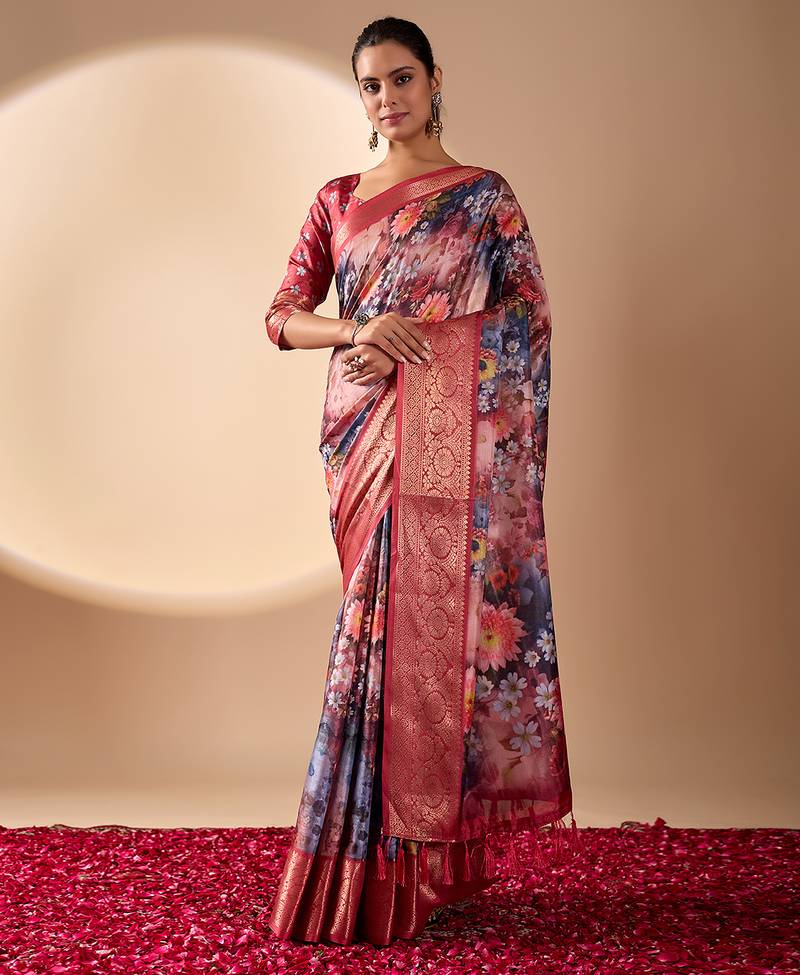 maroon soft lichi art silk floral digital print saree with zari border & designer blouse