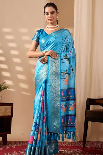 sky blue soft lichi art silk floral print saree with zari woven border | designer printed saree with blouse