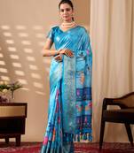 sky blue soft lichi art silk floral print saree with zari woven border | designer printed saree with blouse