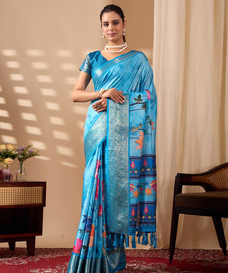 sky blue soft lichi art silk floral print saree with zari woven border | designer printed saree with blouse
