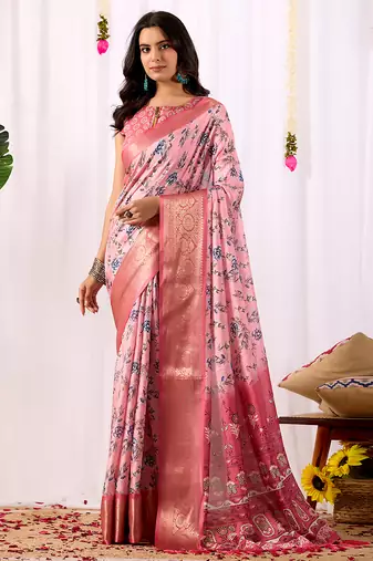 baby pink lichi art silk digital floral saree with rich zari woven border & designer blouse – premium printed collection