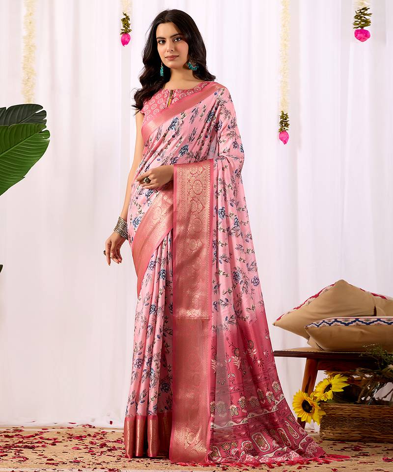 baby pink lichi art silk digital floral saree with rich zari woven border & designer blouse – premium printed collection