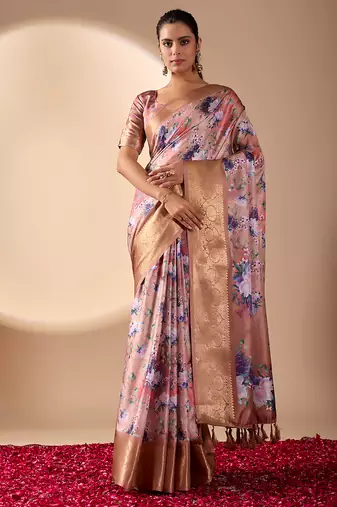 Peach lichi silk digital floral print saree with rich zari pallu & contrast border – designer party saree with blouse