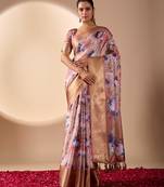 Peach lichi silk digital floral print saree with rich zari pallu & contrast border – designer party saree with blouse