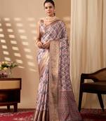mauve pink soft lichi art silk printed saree with zari woven border | designer traditional wear with contrast blouse