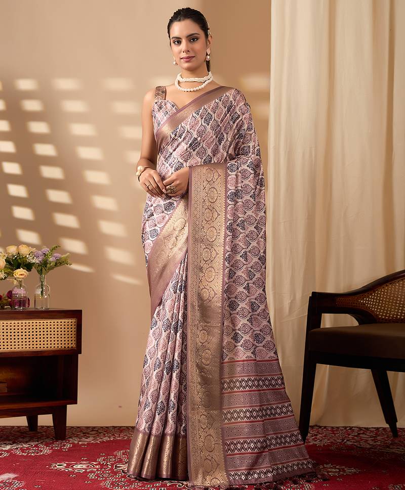 mauve pink soft lichi art silk printed saree with zari woven border | designer traditional wear with contrast blouse