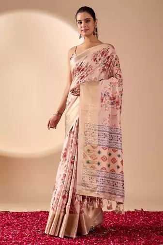 light mauve floral printed lichi art silk zari woven traditional banarasi art silk saree with blouse