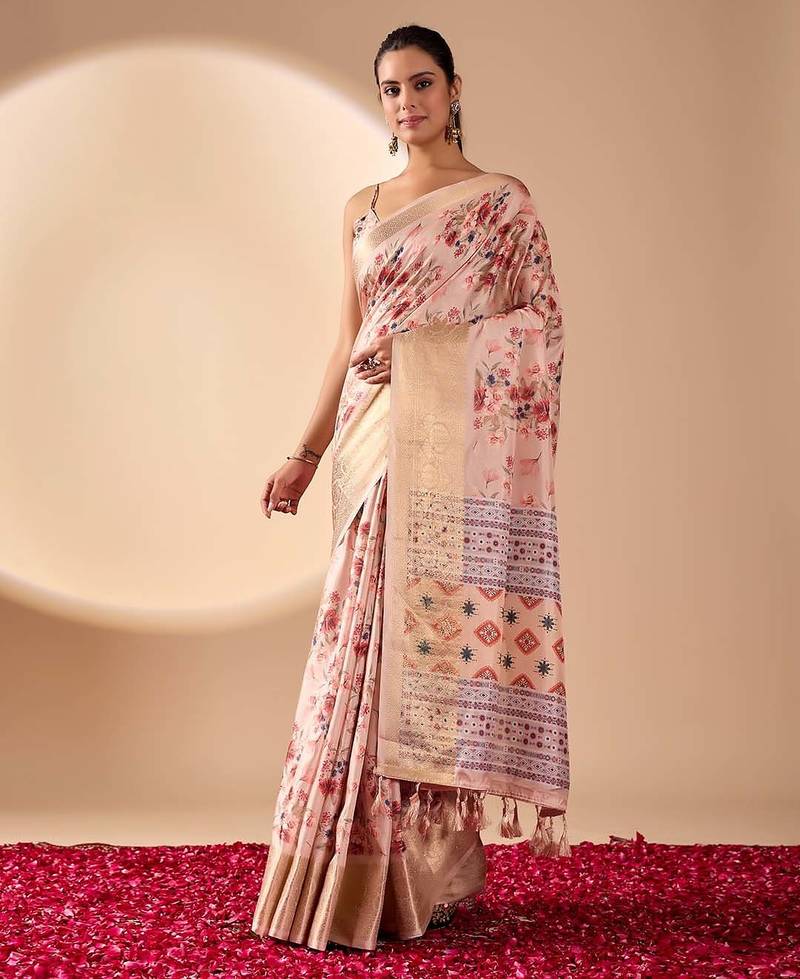 light mauve floral printed lichi art silk zari woven traditional banarasi art silk saree with blouse