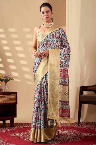 Gold toned soft lichi silk digital weaving saree with zari border | traditional banarasi silk style | with blouse