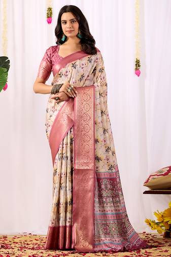 Cream floral printed soft lichi silk saree with contrast zari woven border | designer festival wear saree with blouse