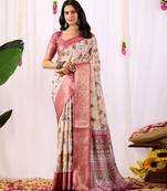 Cream floral printed soft lichi silk saree with contrast zari woven border | designer festival wear saree with blouse