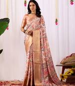 peach elegant digital floral work soft art silk banarasi style saree with rich zari border & contrast blouse