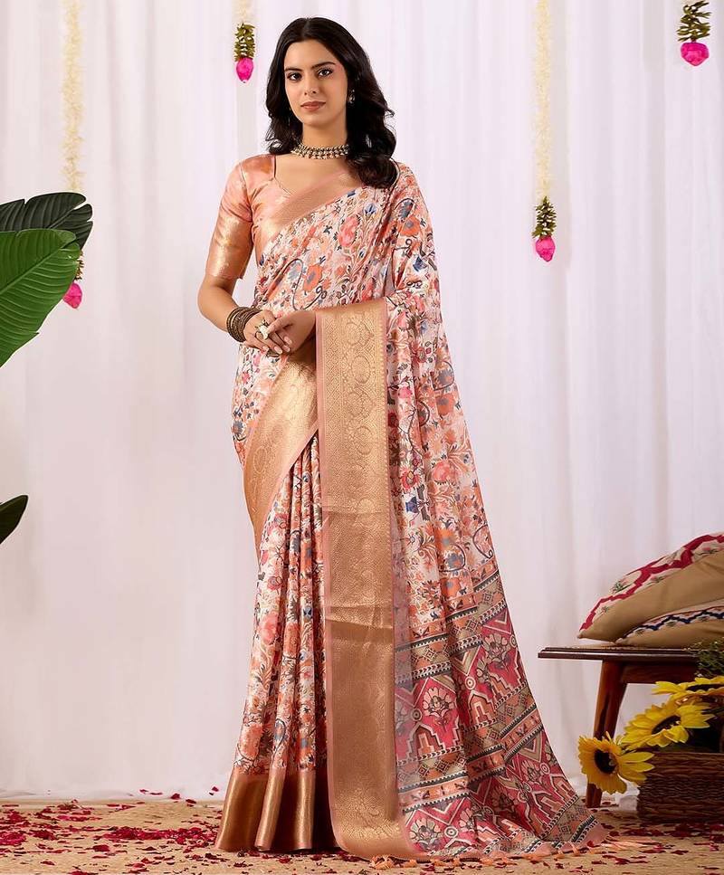 peach elegant digital floral work soft art silk banarasi style saree with rich zari border & contrast blouse