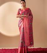 pink soft lichi art silk saree with vibrant floral digital print & rich zari woven border – with blouse
