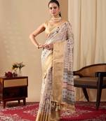 beige printed soft lichi art silk saree with zari woven border | traditional festival wear saree with contrast blouse