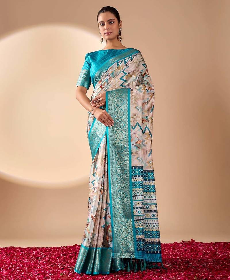 beige lichi art silk saree with digital print & rich zari woven border | designer festival wear with blouse