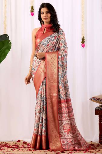 beige soft lichi art silk printed designer patola style saree with zari woven border and contrast blouse
